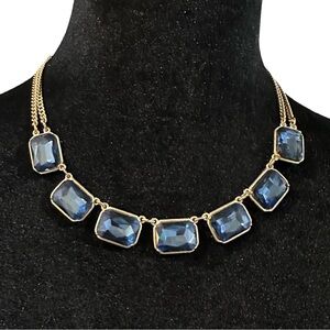 Blue Rhinestone Necklace Gold tone Double Strand Adjustable Length